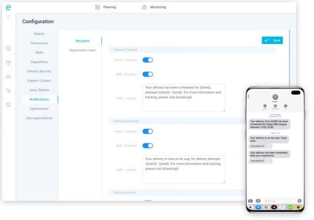 Deanta delivery notifications preview in eLogii