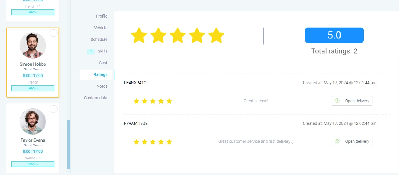 J-Club delivery driver ratings in eLogii
