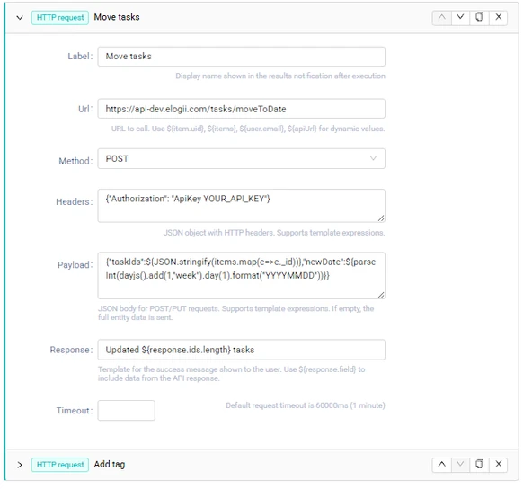 HTTP request action configuration with headers and payload