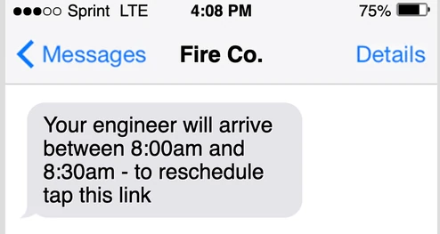 Customer ETA text message: engineer arriving between 8:00am and 8:30am