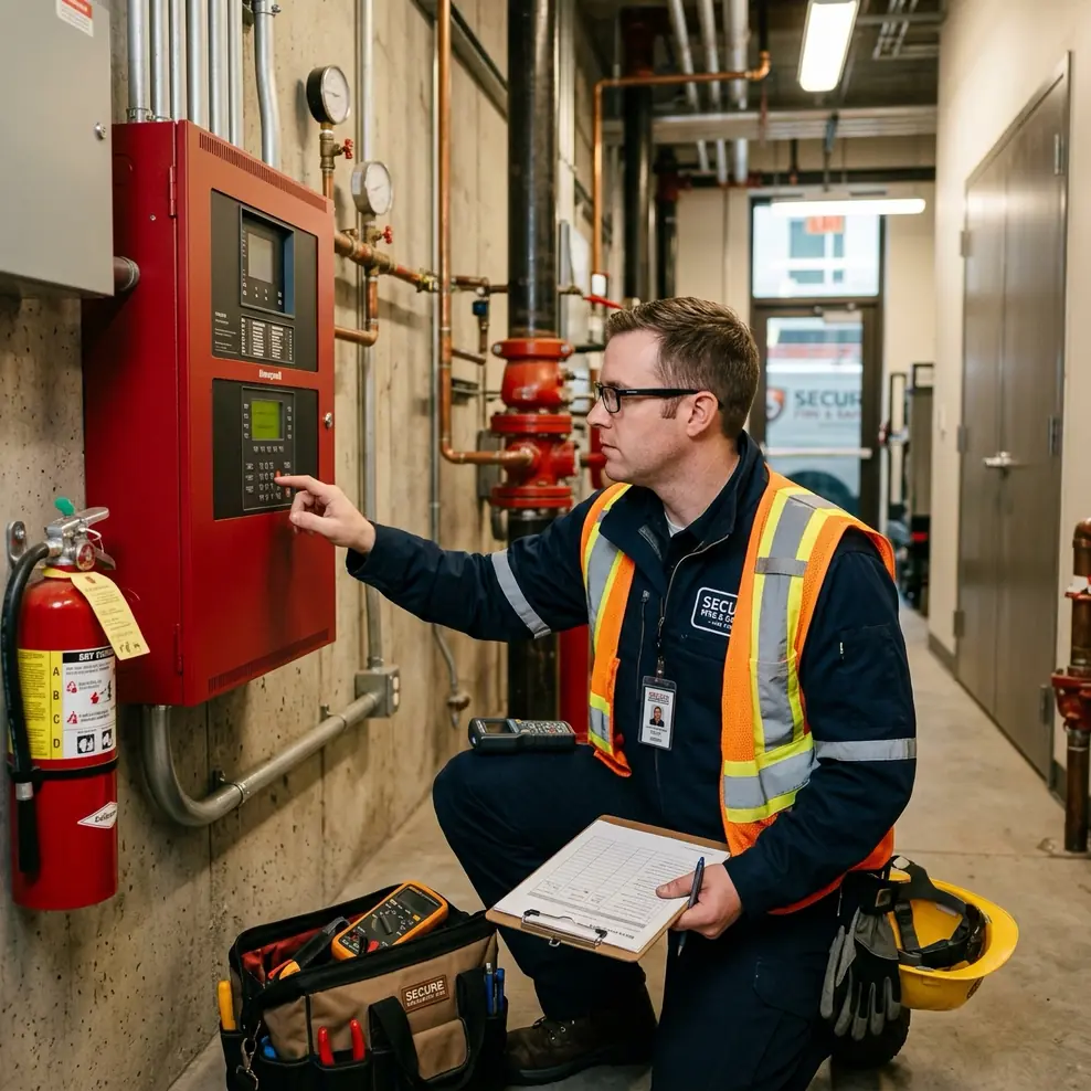 Field service engineer inspecting a fire safety panel