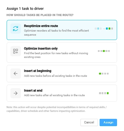 Re-optimize route dialog with insertion options