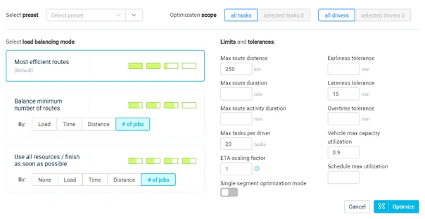 Route optimizer settings with load balancing and tolerances