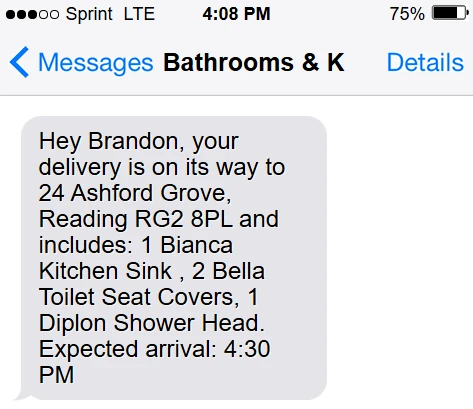 Customer SMS preview for a bathroom and kitchen delivery with itemised contents and ETA