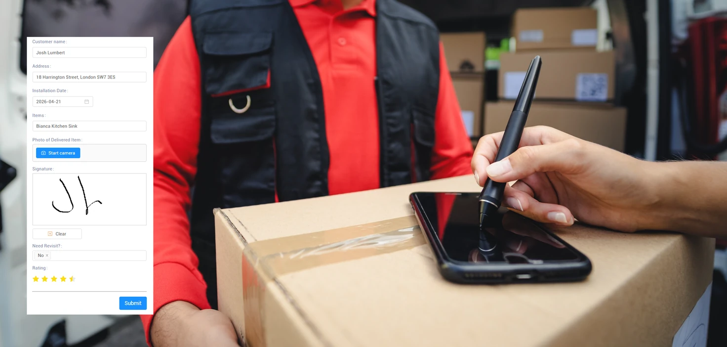 Driver capturing electronic signature on phone for a Bianca kitchen sink with proof of delivery form