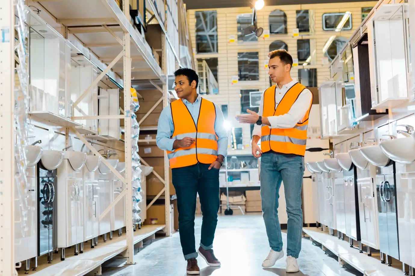 Bathroom and kitchen warehouse team walking through aisles of sinks and fixtures