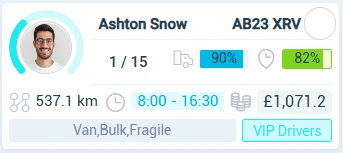 Driver assignment card for Ashton Snow with vehicle AB23 XRV and capacity utilisation