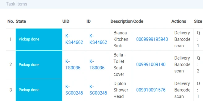 eLogii task list showing Bianca kitchen sink, Bella toilet seat cover and Diplon shower head pickups