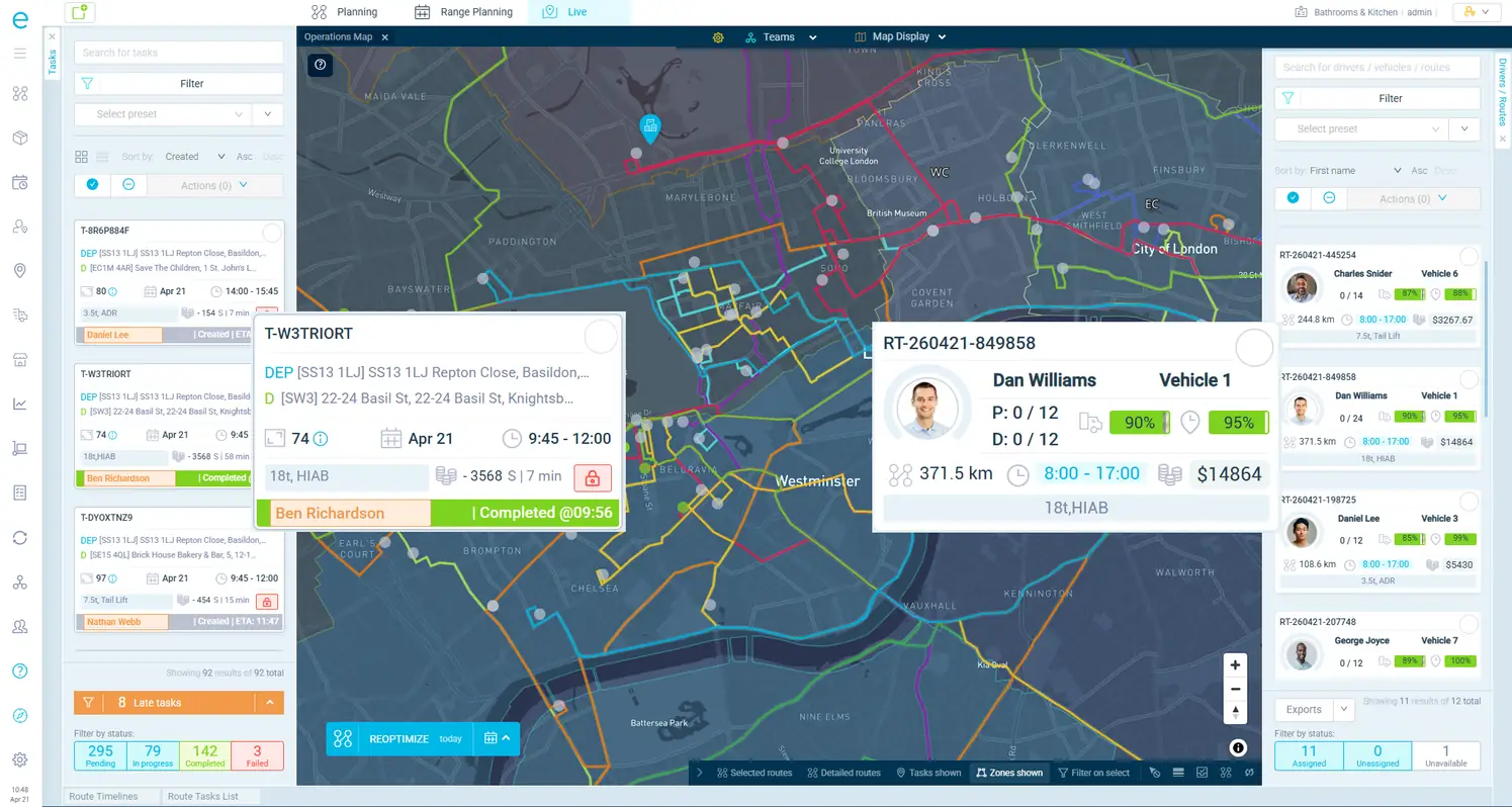 Route planning map with multi-driver assignment cards across mixed fleet vehicles