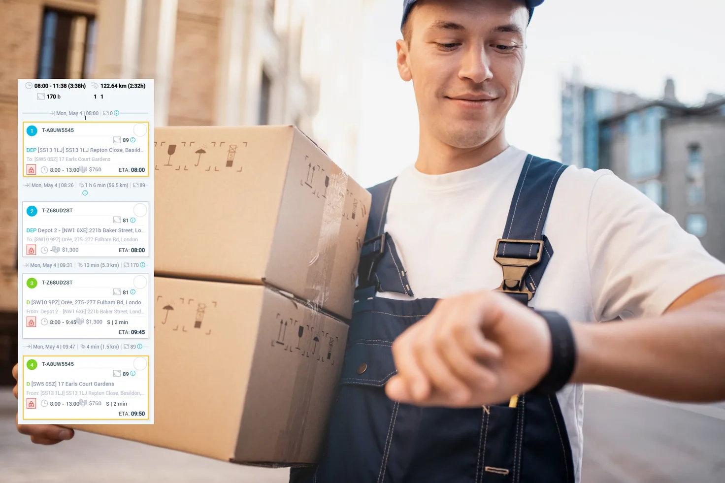 Bathroom and kitchen delivery driver with route timeline and time-window stops overlay