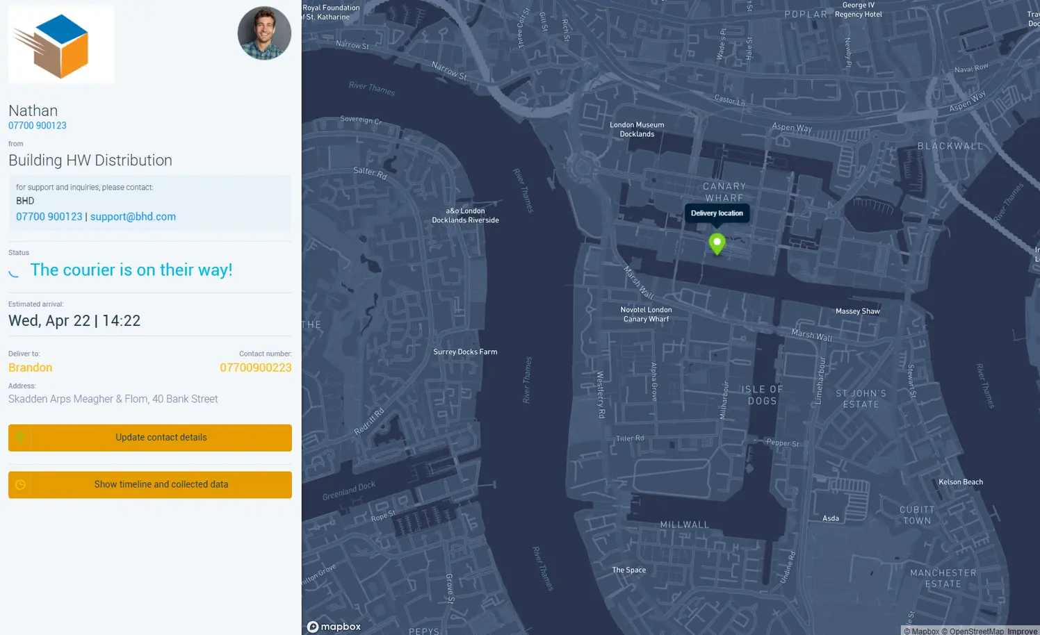 Branded customer tracking page showing live map and courier-on-his-way status