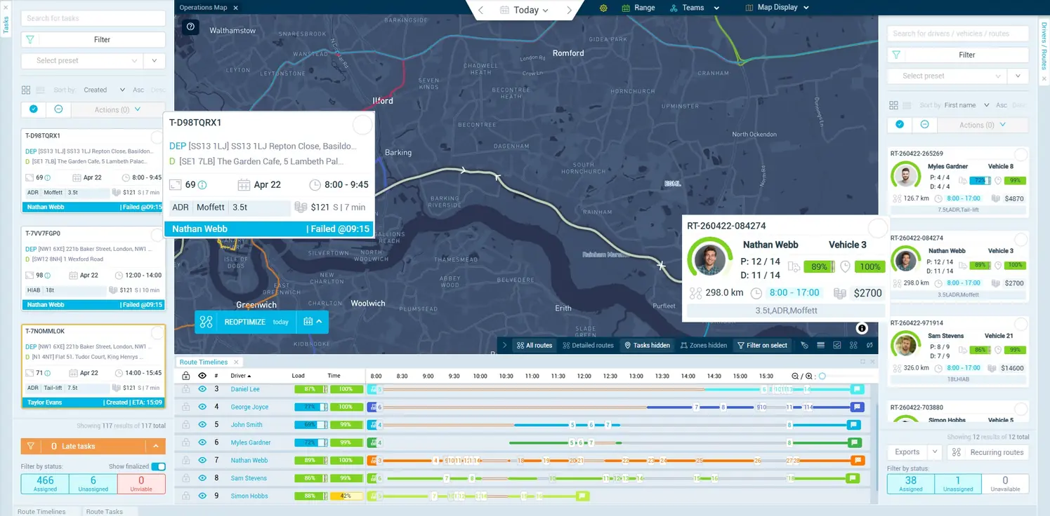 Operations map showing building materials routes with Moffett tail-lift and HIAB driver cards