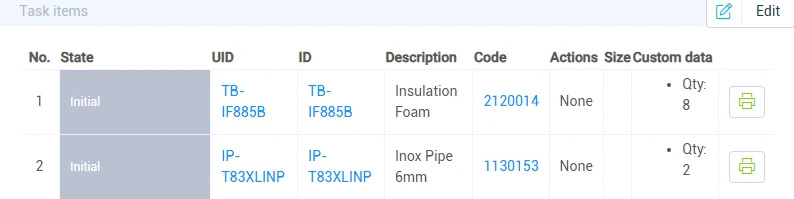 eLogii task list showing insulation foam and inox pipe building materials deliveries