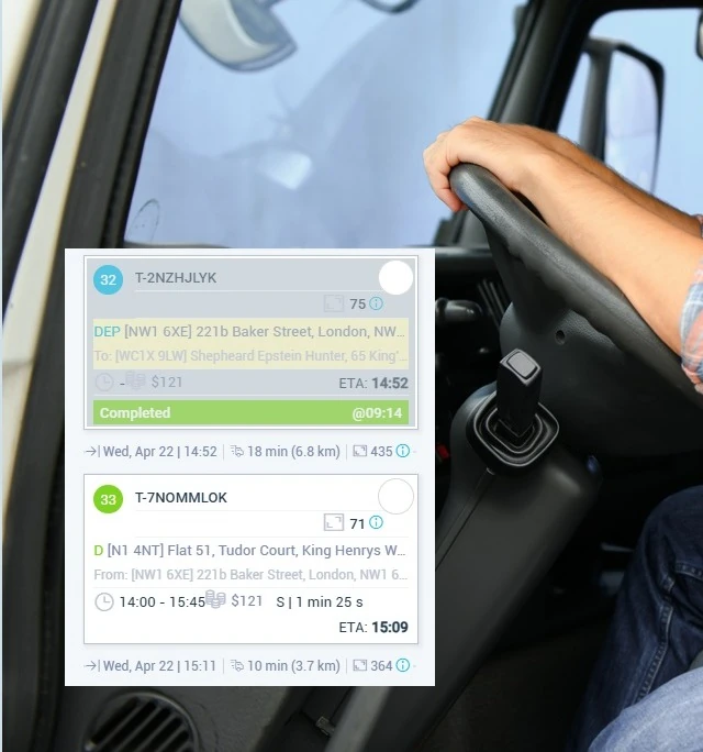 Building materials truck driver at the wheel with route timeline and time-window task cards overlay
