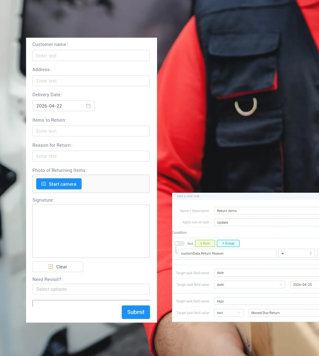 Driver capturing signature on phone with returns form and task rules editor