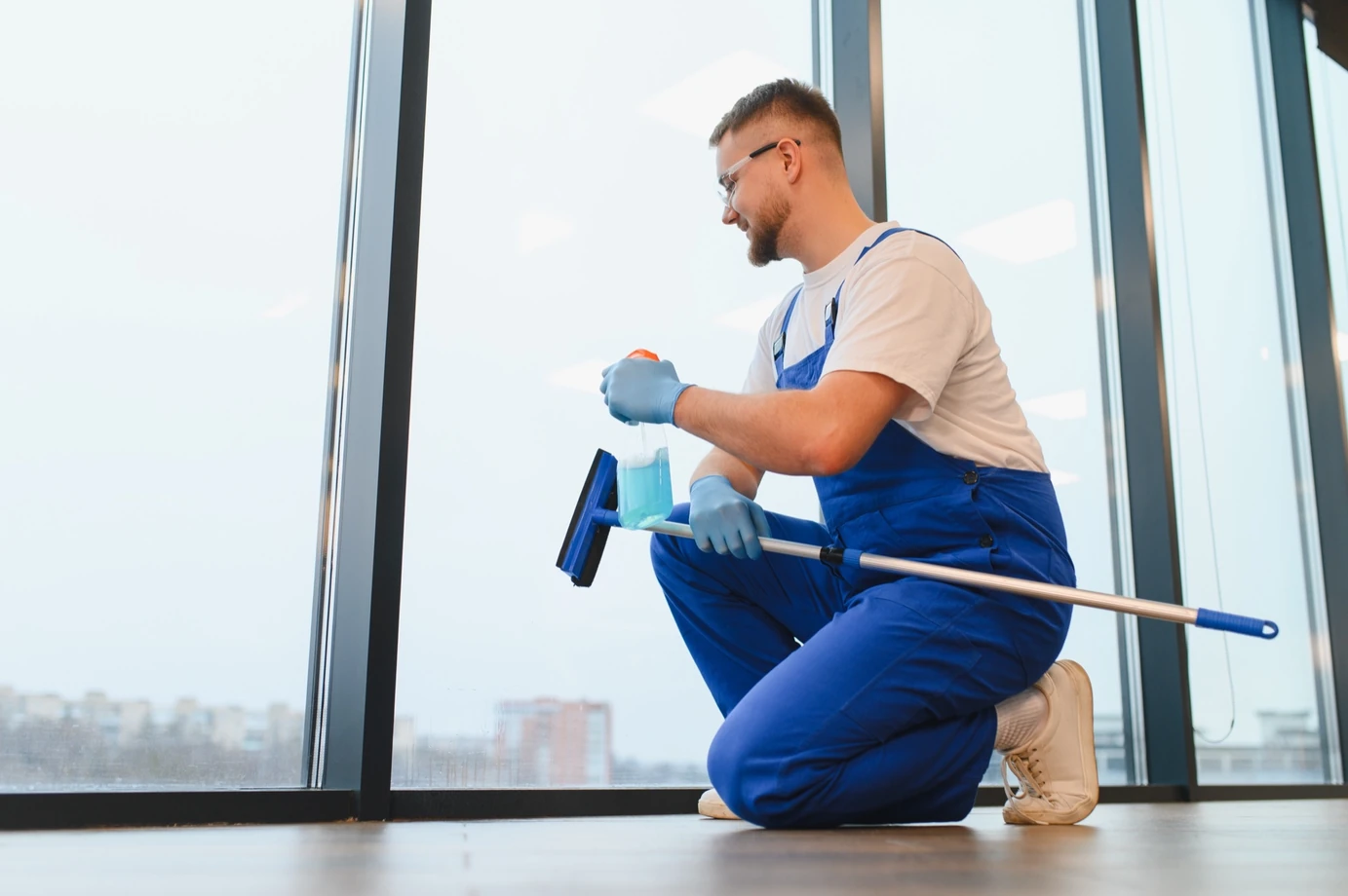 Commercial cleaning crew on site at a multi-tenant building