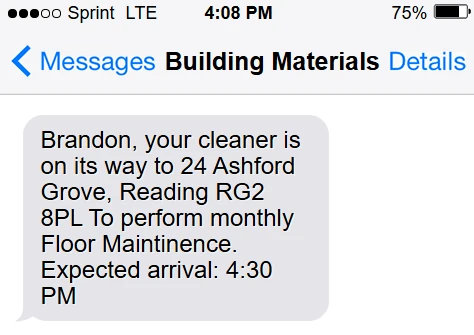 Customer SMS preview confirming cleaning visit ETA
