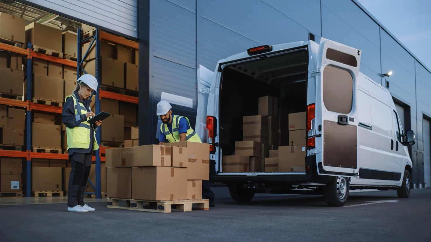 Courier loading parcels into a delivery van at the depot