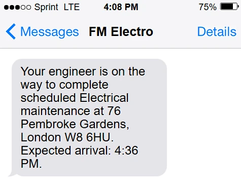 Customer SMS preview confirming an engineer visit