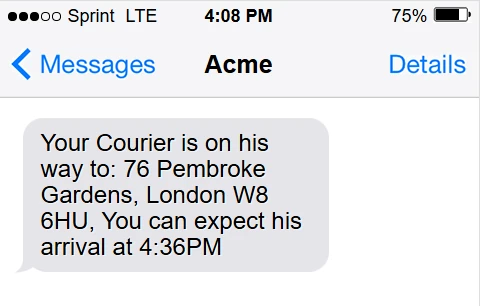 Customer SMS preview confirming food delivery ETA