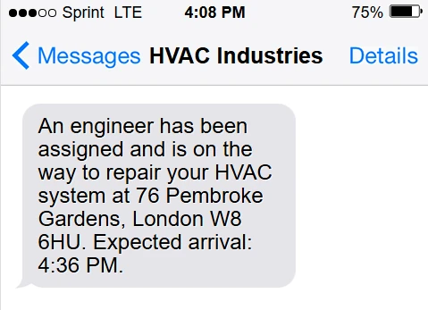 Customer SMS preview confirming HVAC engineer visit ETA