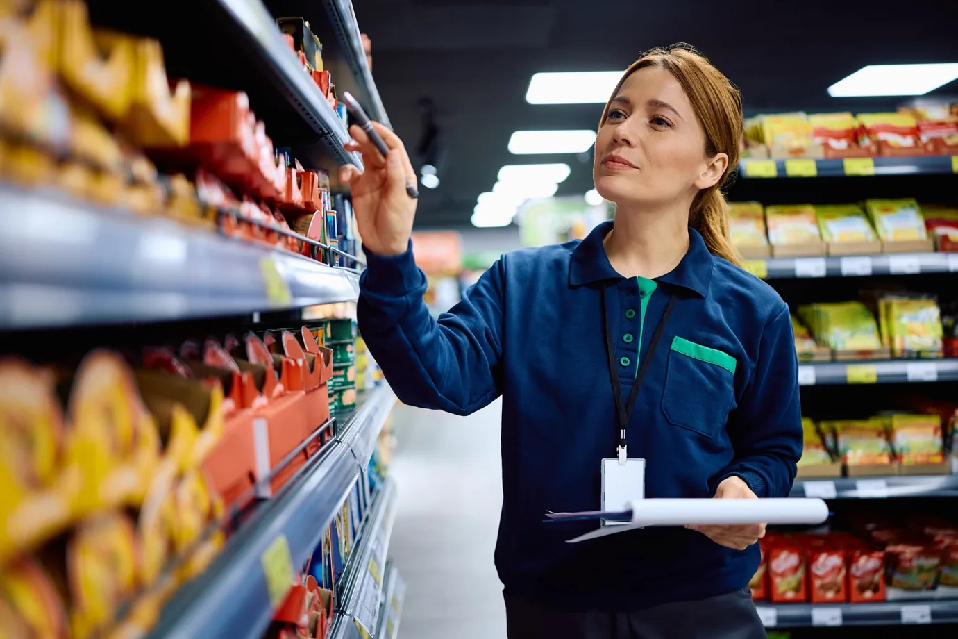 Field merchandiser working on a retail shelf display in store