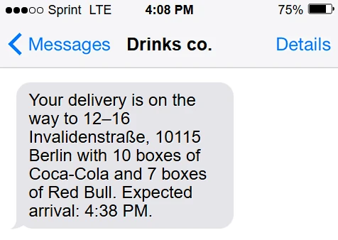 Customer SMS preview confirming a scheduled merchandising visit
