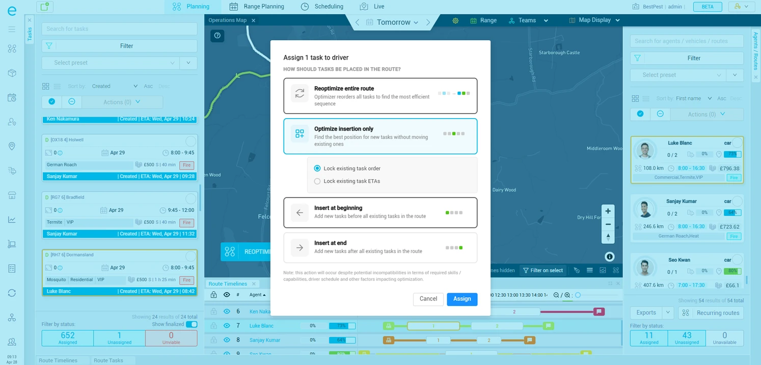 eLogii pest control assignment modal