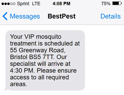 Customer SMS preview confirming pest control visit ETA