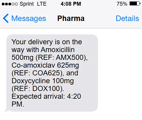 Customer SMS preview confirming pharmacy delivery ETA