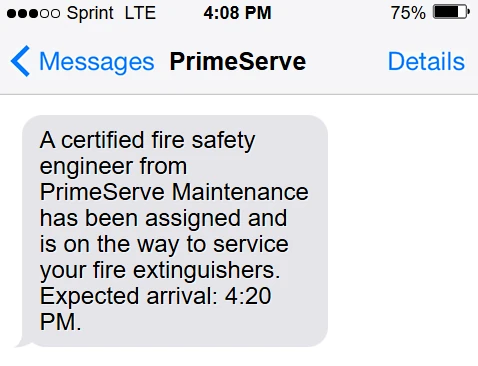 Customer SMS preview confirming a compliance visit ETA
