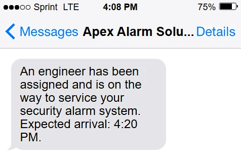 Customer SMS preview confirming a security engineer visit