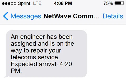 Customer SMS preview confirming a telecoms engineer visit ETA
