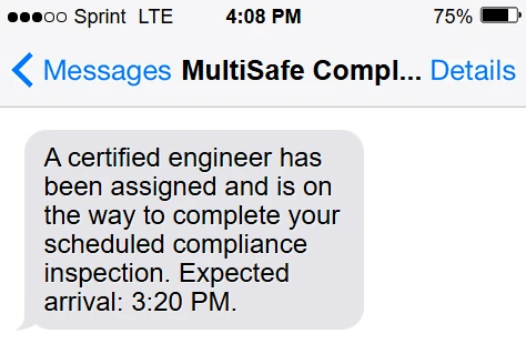 Customer SMS preview confirming a test and inspection visit ETA