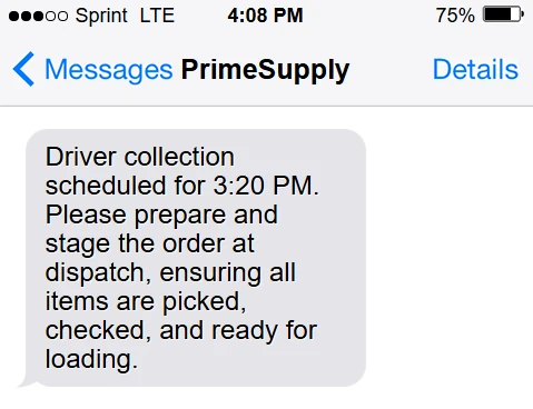 Customer SMS preview confirming a wholesale delivery ETA
