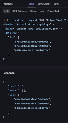 cURL request and JSON response from the eLogii API