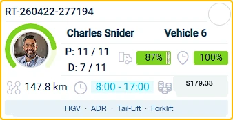 Driver route card showing 87% load and 100% on-time
