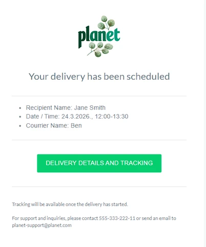 Branded delivery notification email with tracking link