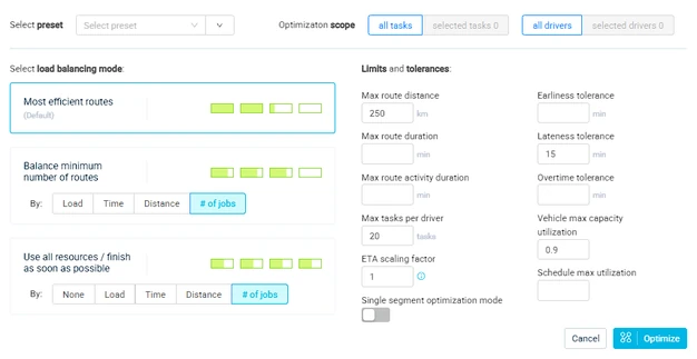 Route optimizer settings with load balancing and tolerances