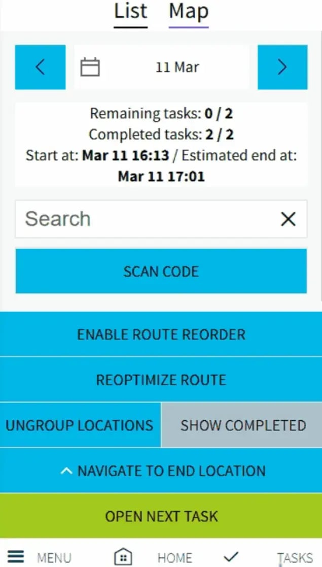 Displayed task options if enabled for field technicians in the eLogii app
