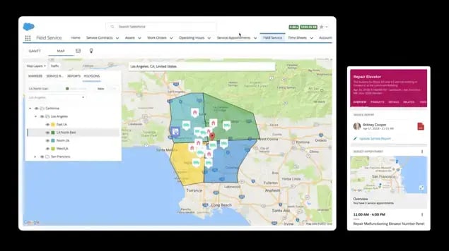 A preview of the salesforce field service management software dashboard and mobile app