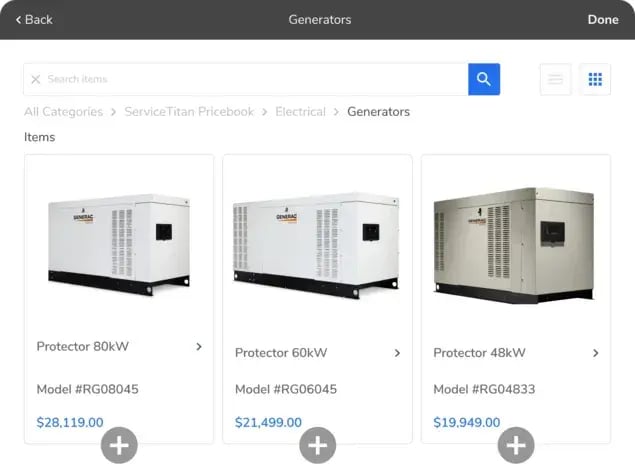 Servicetitan pricebook options in the mobile app