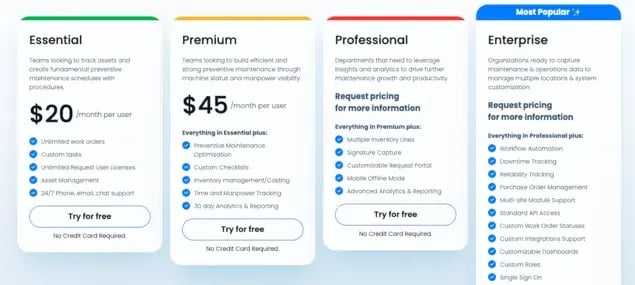 upkeep has different pricing plan tiers with different feature access for each tier