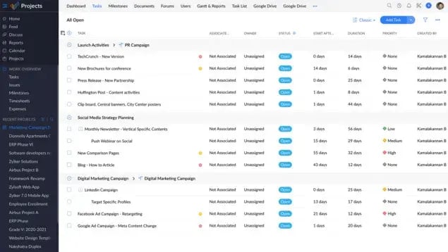 Managing service tasks on Zoho CRM