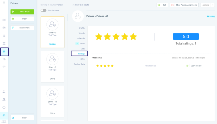 driver ratings in dashboard