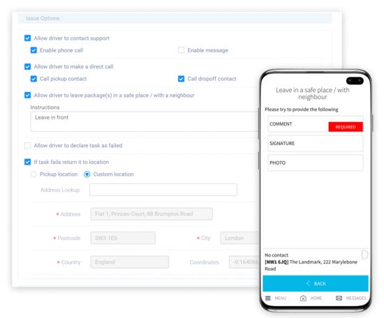 eLogii UI - Failed delivery workflow example - UK