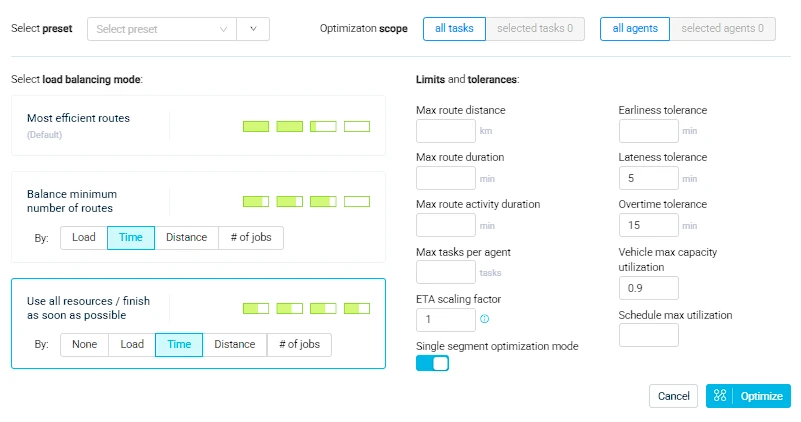 Setting route optimization and scheduling goals and objectives in eLogii
