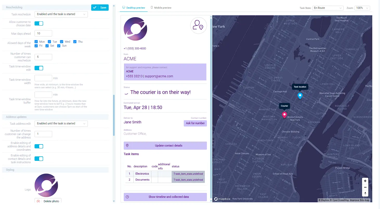 A preview of a branded tracking page that allows self-service customers to track orders and service jobs